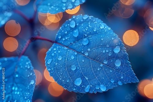 Blue Leaf Covered in Water Droplets