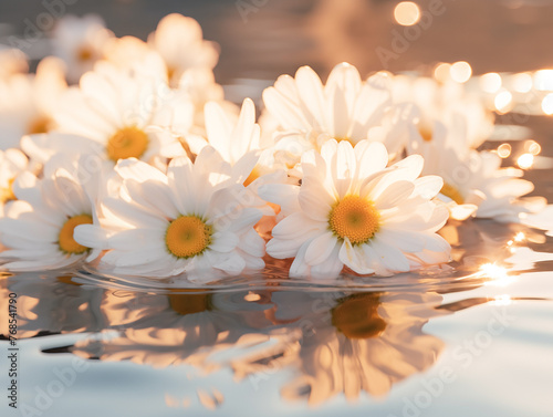 White daisies floating on water, reflecting the golden sunset light