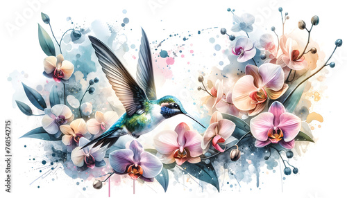 A beautiful scene featuring a hummingbird in flight  surrounded by orchid flowers. The artwork is rendered in bright  subtle tones  employing a diluted watercolor technique that gives it a soft