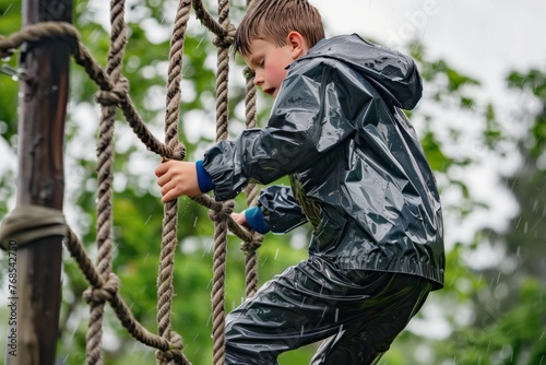 boy in a rain slicker climbing rope ladder