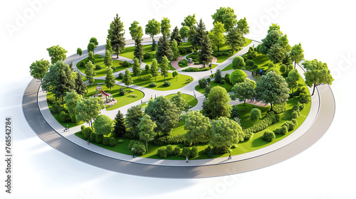 3D representation of a city park with detailed street trees isolated on white