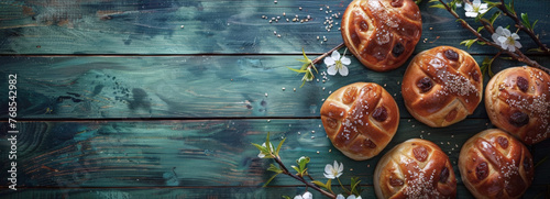Traditional Easter buns with raisins and honey. Festive Easter pastries on dark blue wooden background. A horizontal banner, a postcard with a place for text. photo