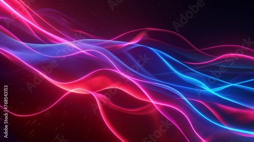 A dynamic digital art featuring flowing neon lines in pink and blue hues creating a sense of motion.