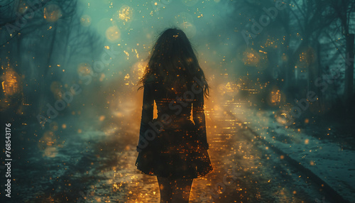 young woman alone on a mysterious forest path at night photo