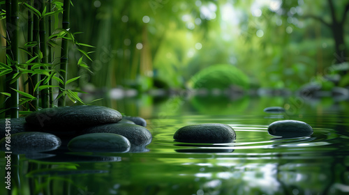 Tranquil Zen-inspired natural scene, where a harmonious balance is struck between rugged rocks, verdant bamboo foliage, and serene, still water
