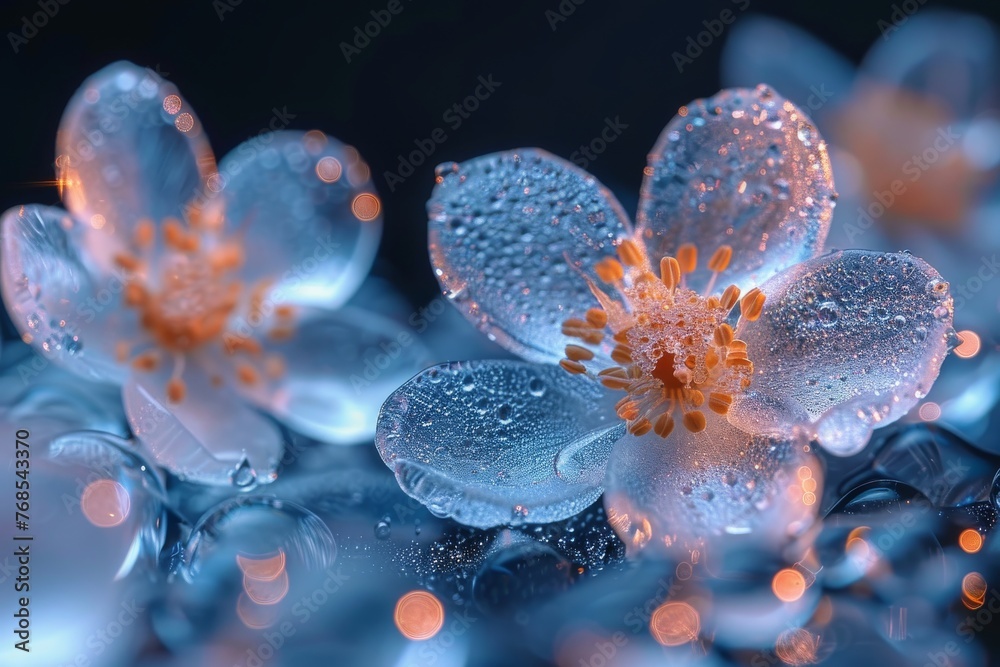 Fototapeta premium Ice crystals in the shape of flowers, glittery colors, and a bokeh light effect.