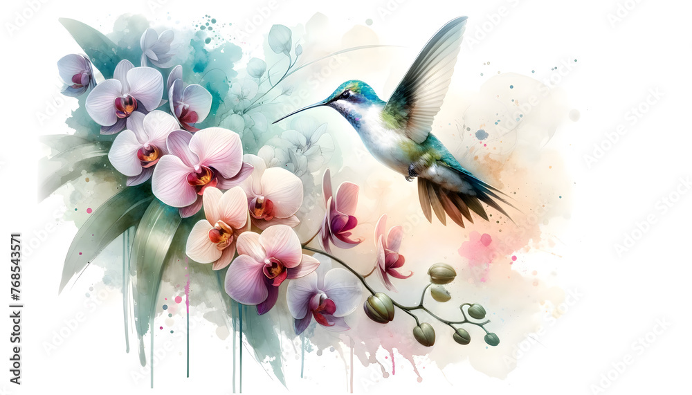 A beautiful scene featuring a hummingbird in flight, surrounded by orchid flowers. The artwork is rendered in bright, subtle tones, employing a diluted watercolor technique A beautiful scene featuring a hummingbird in flight, surrounded by orchid flowers. The artwork is rendered in bright, subtle tones, employing a diluted watercolor technique
