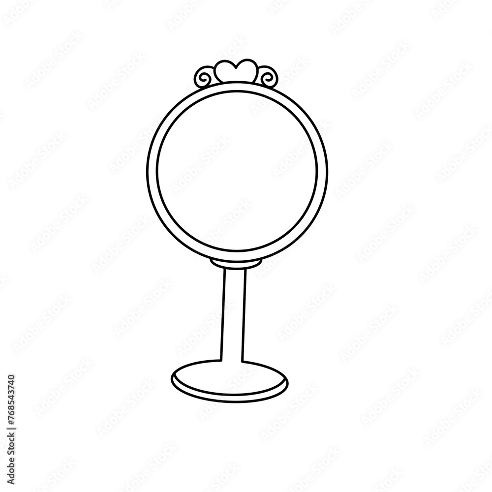 A mirror is drawn in black and white. It is a simple design with a round shape and a stand. The mirror is empty, but it could be used to reflect light or to see oneself. The design is clean A mirror is drawn in black and white. It is a simple design with a round shape and a stand. The mirror is empty, but it could be used to reflect light or to see oneself. The design is clean