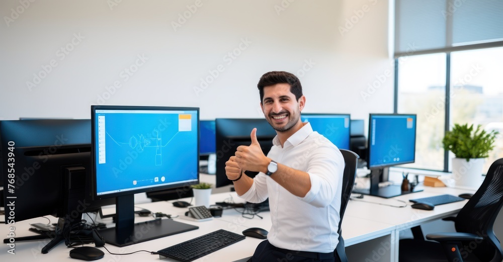 Innovative software developer in workspace giving thumbs up among code screens.