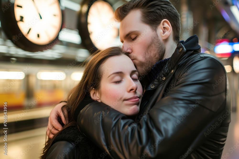 man placing gentle kiss on womans forehead by timetable