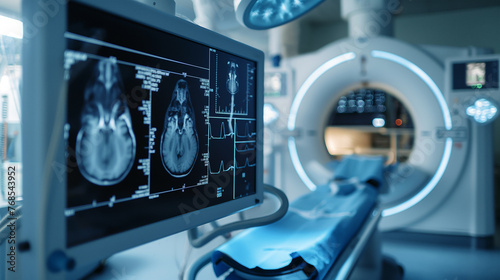 Brain MRI scan on screen beside MRI in hospital 