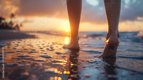 Low Angle Shot of Girl Walking on Beach at Sunset