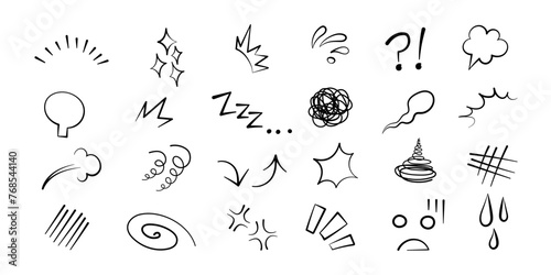 Anime manga comic emoticon element graphic effects hand drawn doodle vector illustration set isolated on white background. Cartoon style manga doodle line expression scribble anime mark collection.