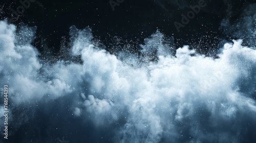 An abstract design of white powder snow clouds exploding on a dark background