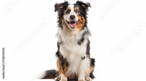 Seeing an australian shepherd sitting facing the camera and open-mouthed on a white background, this is a cute image