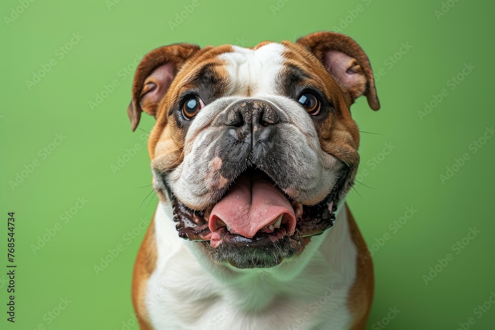Joyful bulldog with a chew toy on a bright green background Joyful bulldog with a chew toy on a bright green background