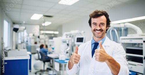 a smiling doctor in a clinic, giving a thumbs up.