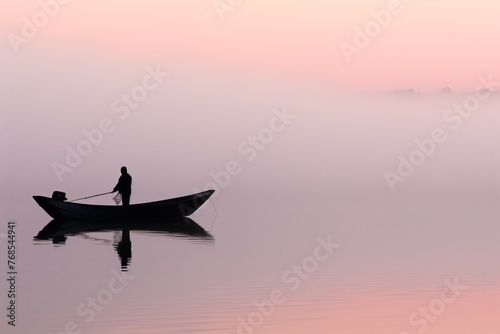 a lone fisherman on a boat, silhouetted against a soft pink dawn sky