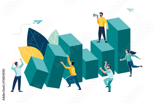 Vector illustration, business teamwork, schedule, dominoes falling columns, virtual business assistant. Productivity teamwork, card investment management. Investing money in the project, brainstorming