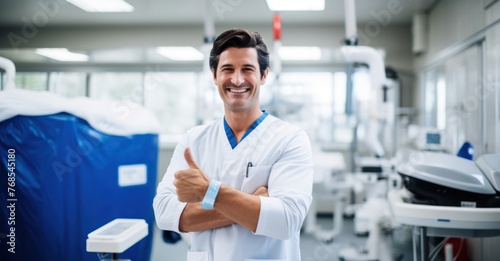 a smiling doctor in a clinic  giving a thumbs up.