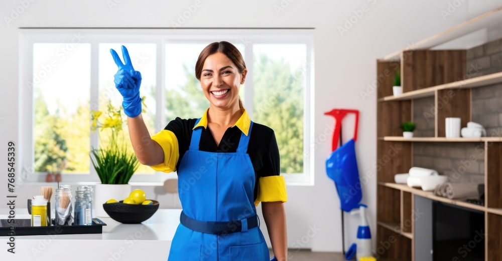 Cheerful cleaning lady with tools, giving thumbs up in a clean environment.