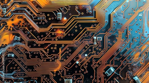 Close-up of an electronic circuit board with orange traces on a black background. photo