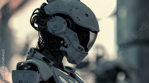 Close-up of a robot's head with intricate mechanical details in a futuristic setting, ai generated