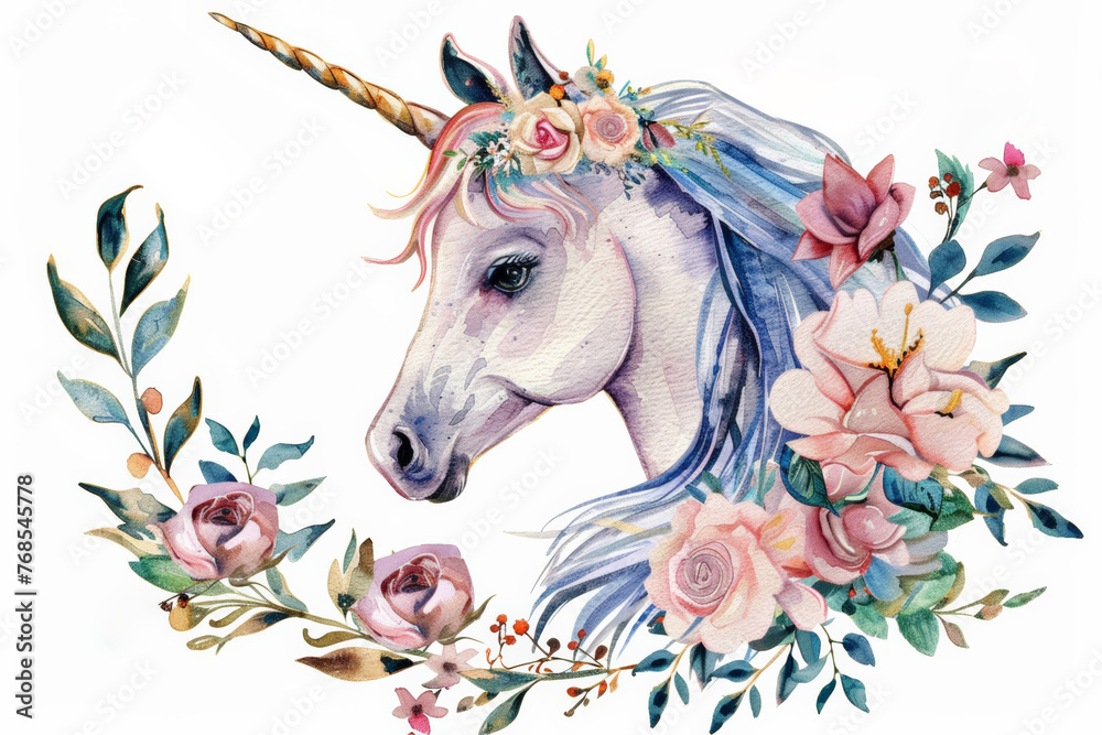 Beautiful, cute, watercolor unicorn head with flowers, floral crown, bouquet and magic crystals isolated on white, 