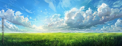 panoramic view of a green grass field with a blue sky and white clouds
