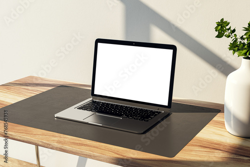 Minimalistic laptop mockup on wood desk with plant decor  modern workspace setup. 3D Rendering