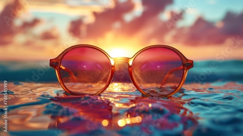 A fashion advertisement showcasing a new line of sunglasses, with the product details displayed through a stylized glass blur effect over a sunny, beach background.