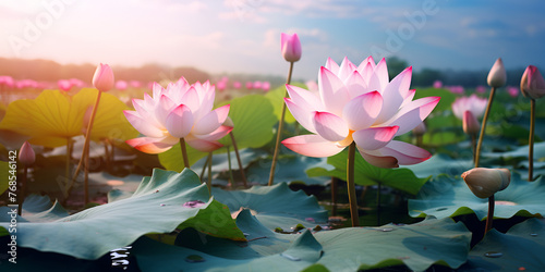 white and pink lotus flower on water,  Panoramic of blooming Lotus flower on Green blurred backgroundColorful water lily, Tranquil scene of lotus water lily in pond reflects beauty, Generative AI photo