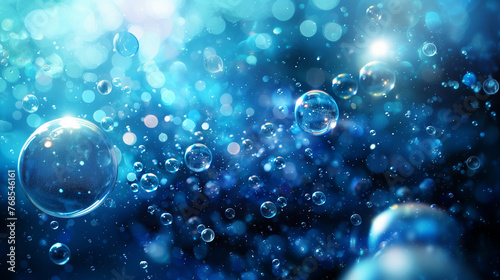 Bubbles underwater with bokeh effect. Background in blue. AI generative