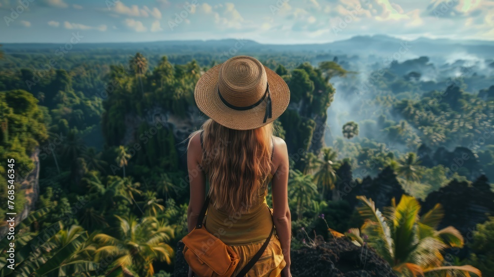 The beauty of travel and adventure with a dynamic shot of a solo traveler exploring an exotic destination