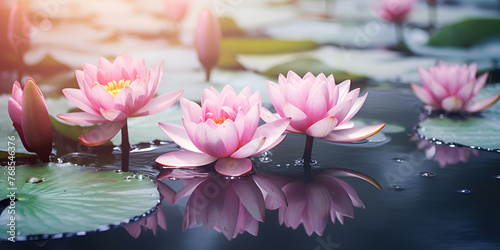 Beautiful Pink Lotus, Beauty blossom lotus flower in pond and reflection on surface, beautiful pink lotus flowers waterlily on water with blurred background, Generative AI