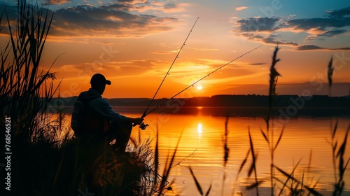 A fisherman sits on the edge of a lake at sunset. He has two fishing rods in the water and is wearing a hat and backpack.