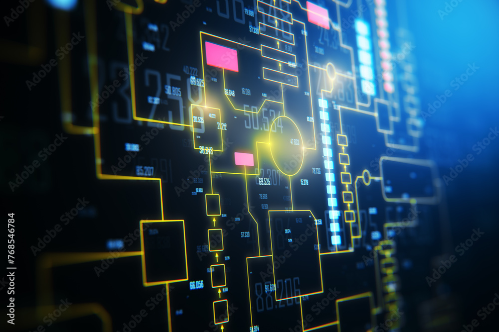 Obraz premium Digital circuit board with neon blue and yellow lines on a dark background, concept of technology and cyberspace. 3D Rendering
