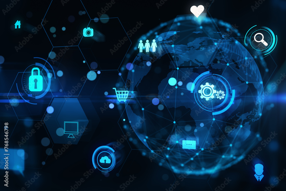 Obraz premium Digital technology background with neon blue cyberspace elements and globe, concept of global tech network. 3D Rendering