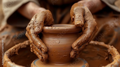 The image shows a potter at work, shaping a clay pot on a potter's wheel. photo
