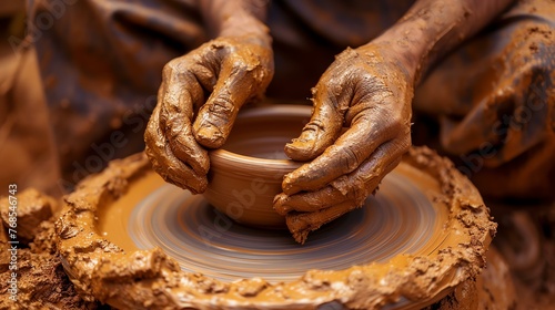 The image shows a potter at work, shaping a bowl on a potter's wheel.