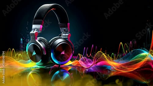 headphones and colorful music notes photo
