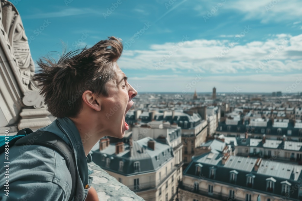tourist yelling over a cityscape from a rooftop