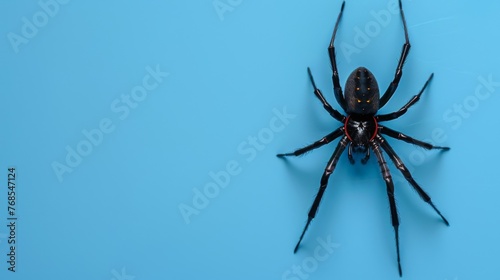 Black widow spider on a blue background. Dangerous latrodectus insect.