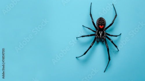 Black widow spider on a blue background. Dangerous latrodectus insect.