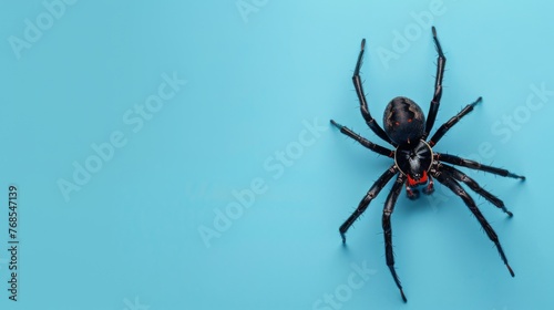Black widow spider on a blue background. Dangerous latrodectus insect. © Vladimir