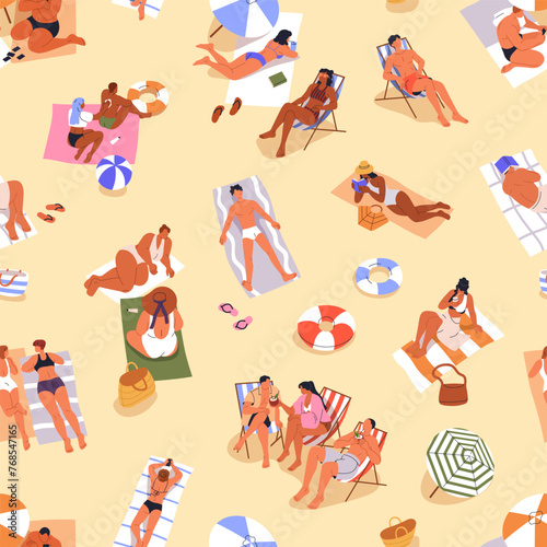 People on summer beach, seamless pattern. Tiny tourists relaxing, resting sunbathing on sand, towels, endless background. Repeating print, sea resort on vacation. Printable flat vector illustration © Good Studio