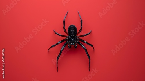 Black widow spider on a red background. Dangerous latrodectus insect.