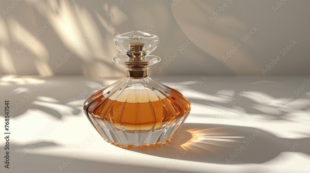 Ornate glass perfume bottle casting soft shadows Ornate glass perfume bottle casting soft shadows