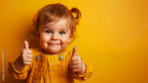 Happy Child in Yellow Giving Double Thumbs Up Against a Yellow Background, Optimistic Mood