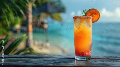 Summer cocktail with salt and orange slice on table